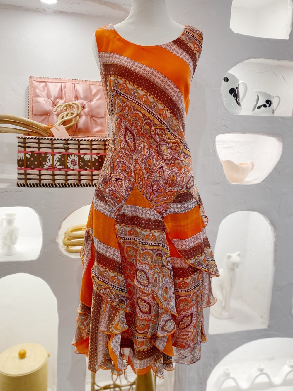 Orange Multicolour Paisley Pattern Midi Sleeveless Dress Tiered Ruffle Skirt